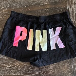 PINK Victoria's Secret Black Shorts with Pink-to-Cream Gradient Logo